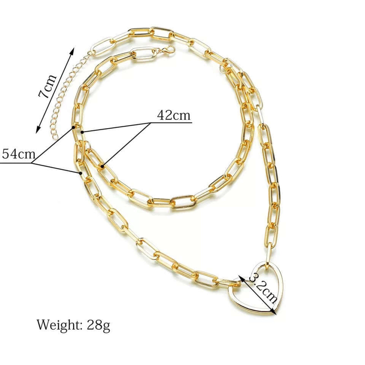 Open Heart Chain Necklace in gold with paperclip chain, adjustable length, and pendant size dimensions shown.