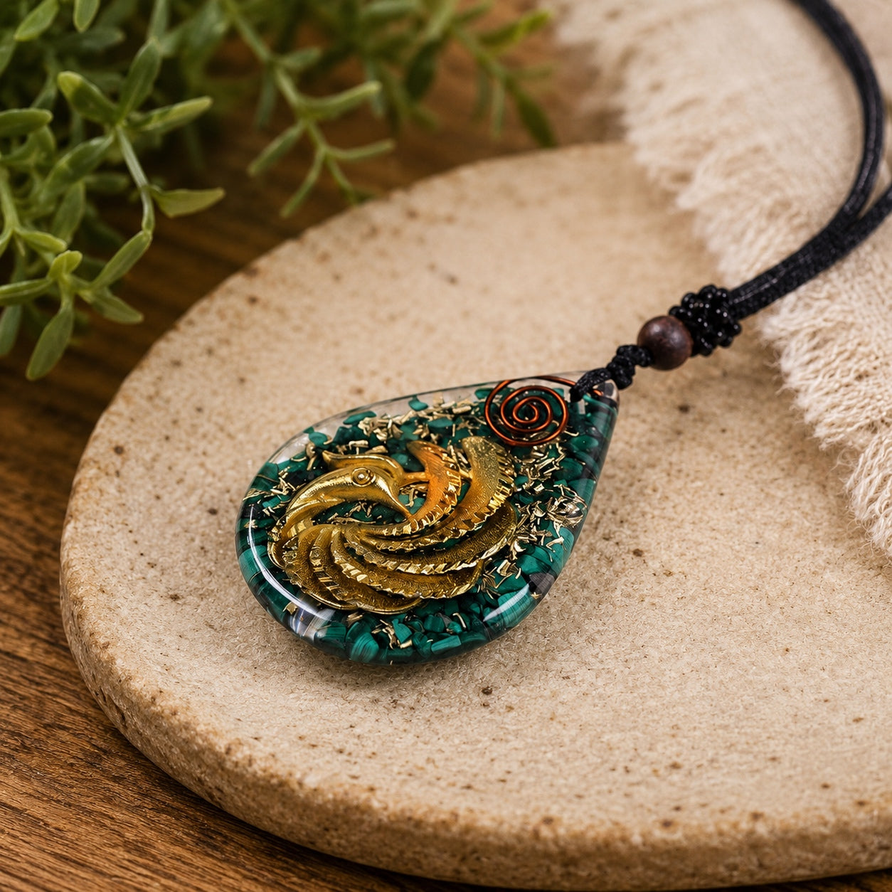Close-up of Phoenix Rising Pendant Necklace featuring a gold phoenix surrounded by malachite chips in handcrafted orgonite resin.