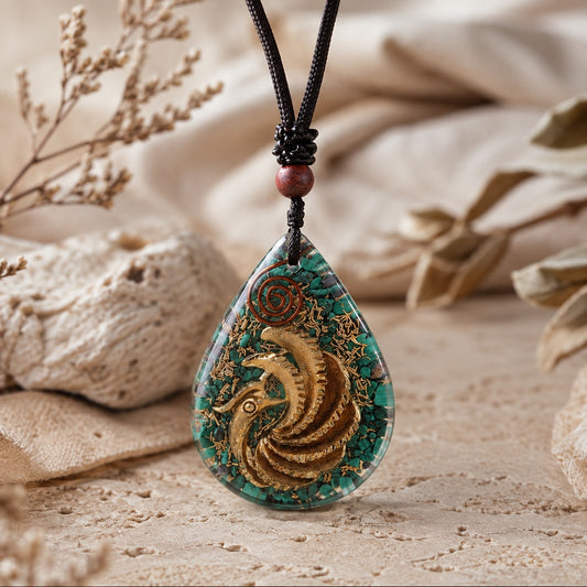 Phoenix Rising Pendant Necklace with malachite orgonite crystal pendant on adjustable cord displayed in a natural boho setting.