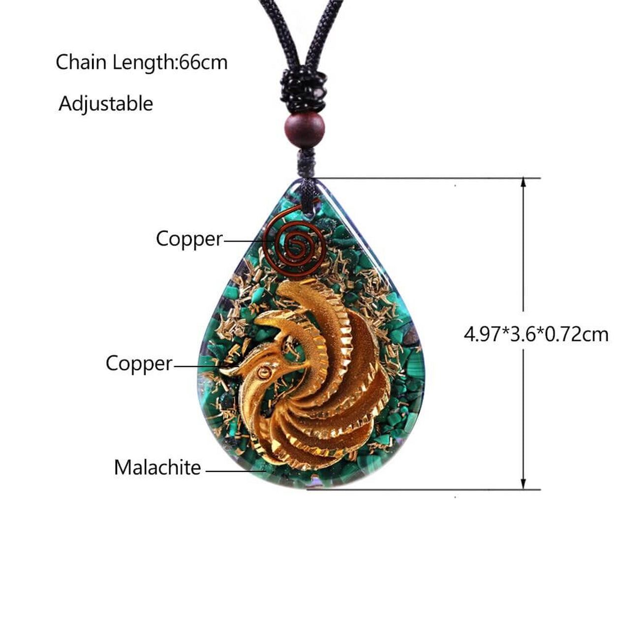 Phoenix Rising Pendant Necklace dimensions showing adjustable cord length and teardrop malachite orgonite pendant measurements.