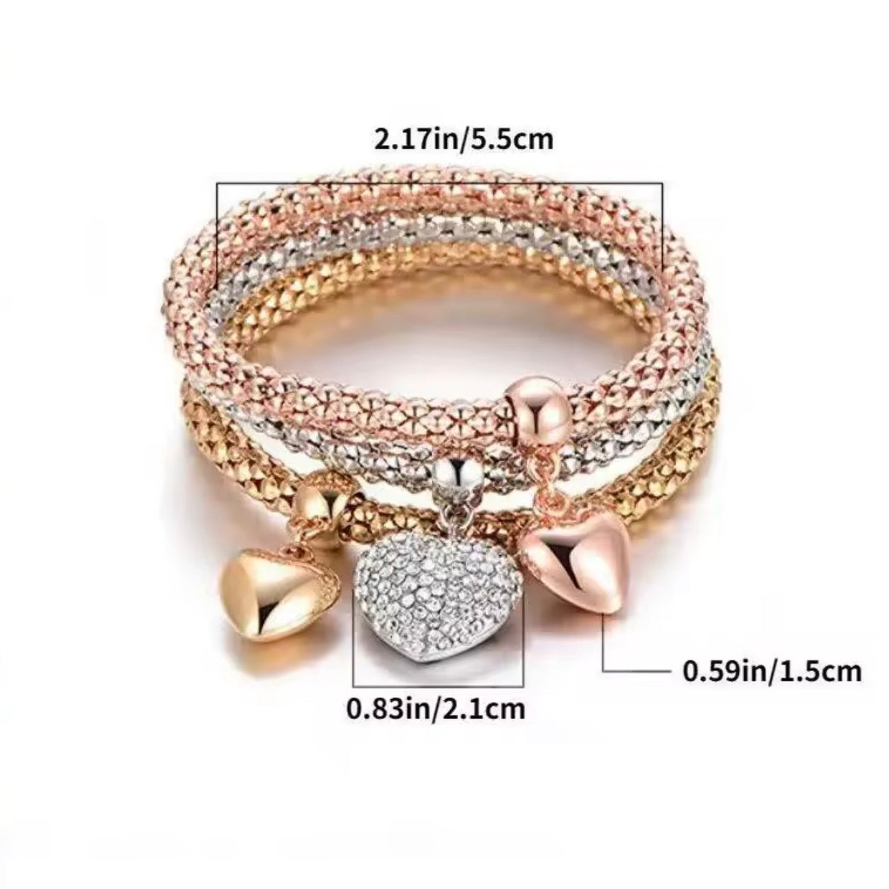 Queen Of Hearts Charm Bracelet Set dimensions showing bracelet diameter and heart charm measurements.