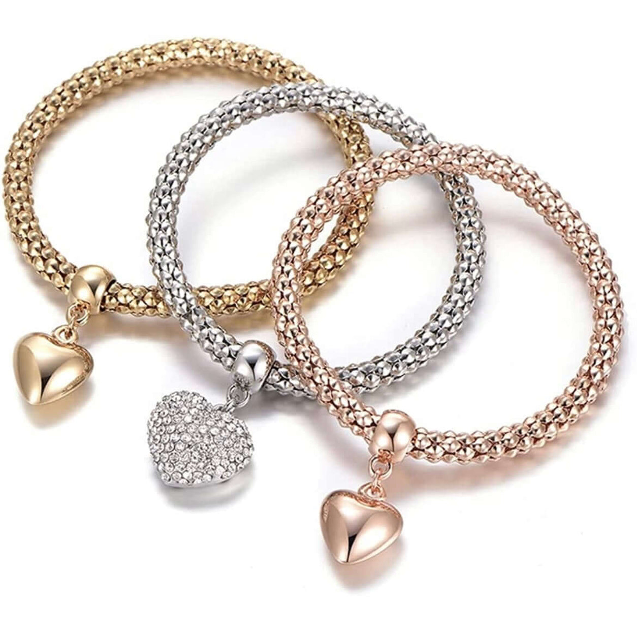 Queen Of Hearts Charm Bracelet Set with three individual stretch bracelets in gold, silver and rose gold finishes.