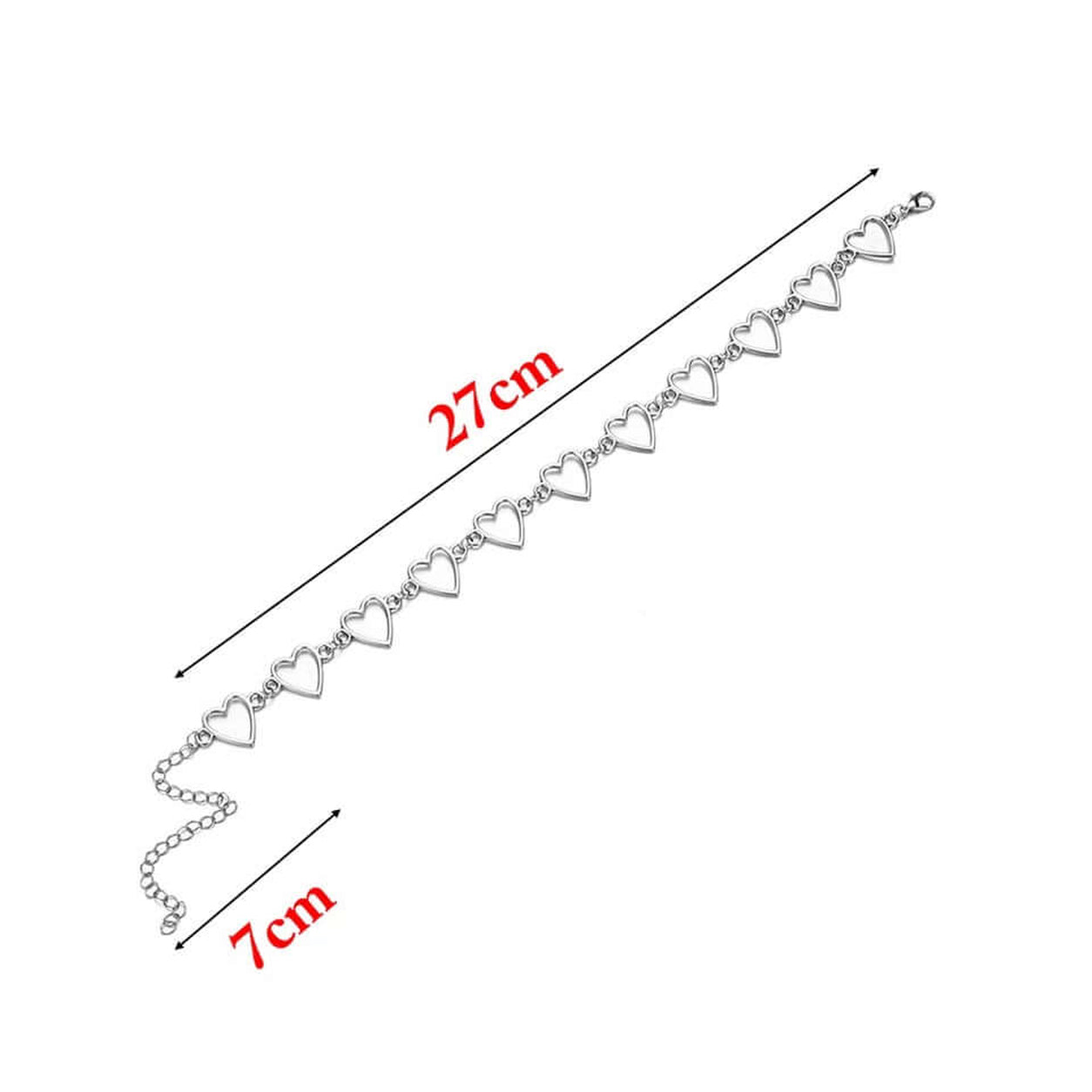 Queen Of Hearts Collar Necklace dimensions showing adjustable 27 cm collar with 7 cm extender chain.