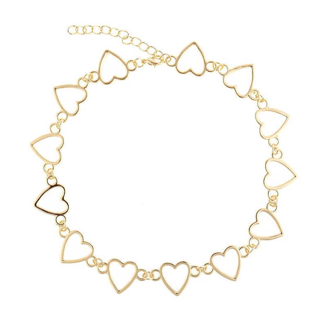 Queen Of Hearts Collar Necklace in gold featuring linked open heart charms with an adjustable chain.