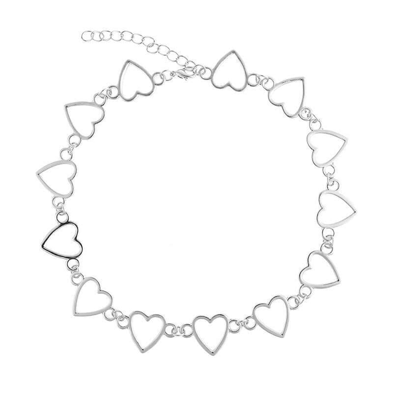 Queen Of Hearts Collar Necklace in silver with delicate open heart links and adjustable extender chain.
