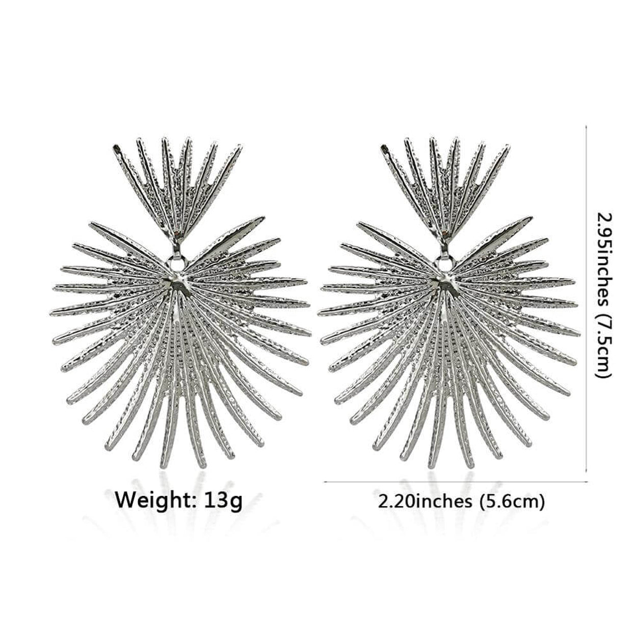 Queen Of Hearts earrings size guide showing 2.95-inch length, 2.2-inch width and lightweight 13-gram design.