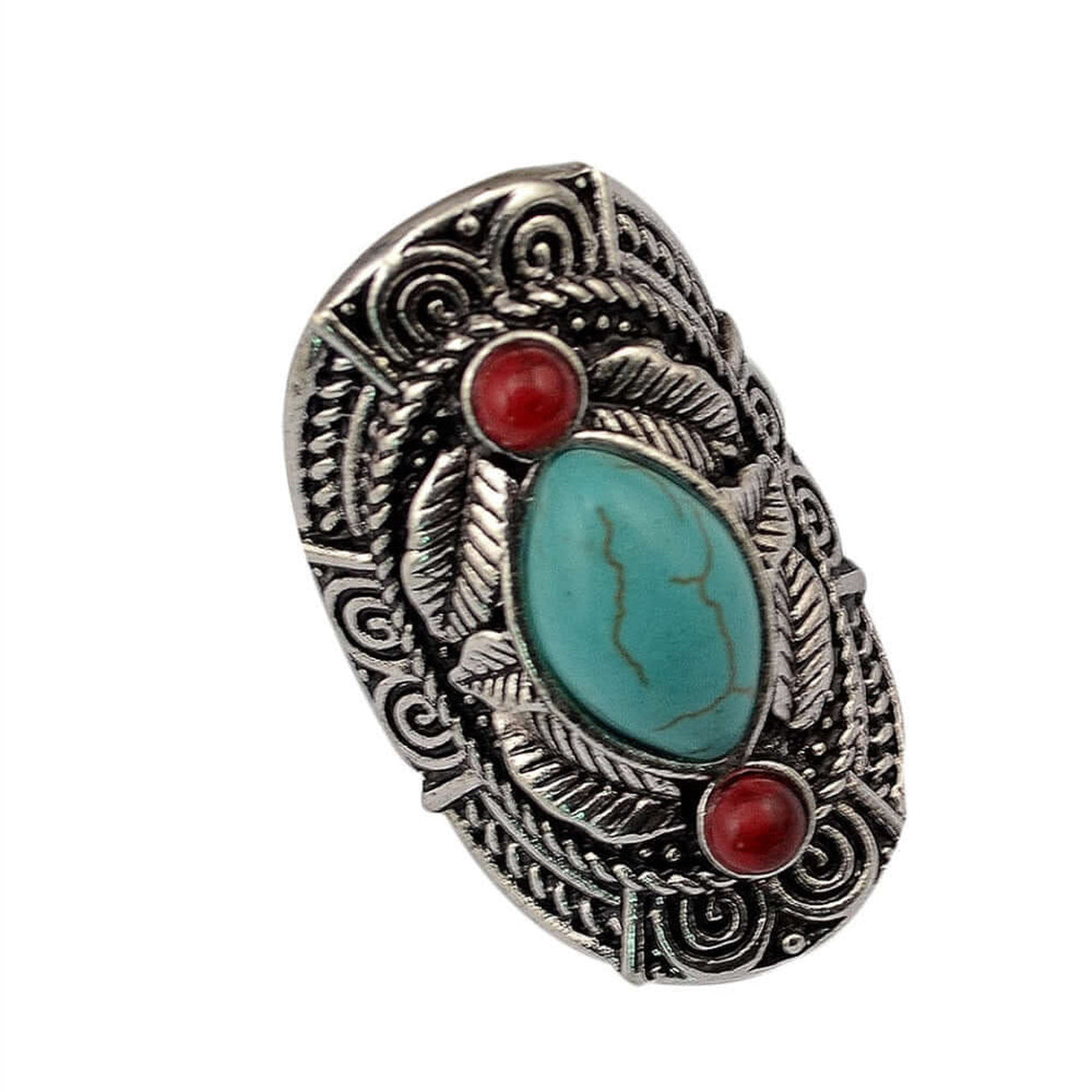 Angled view of a Red Jasper Turquoise Tribal Ring with intricate silver tribal patterns and natural stones.