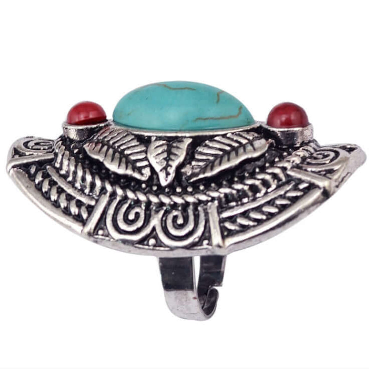 Side profile of a Red Jasper Turquoise Tribal Ring showing its raised turquoise stone and adjustable band.
