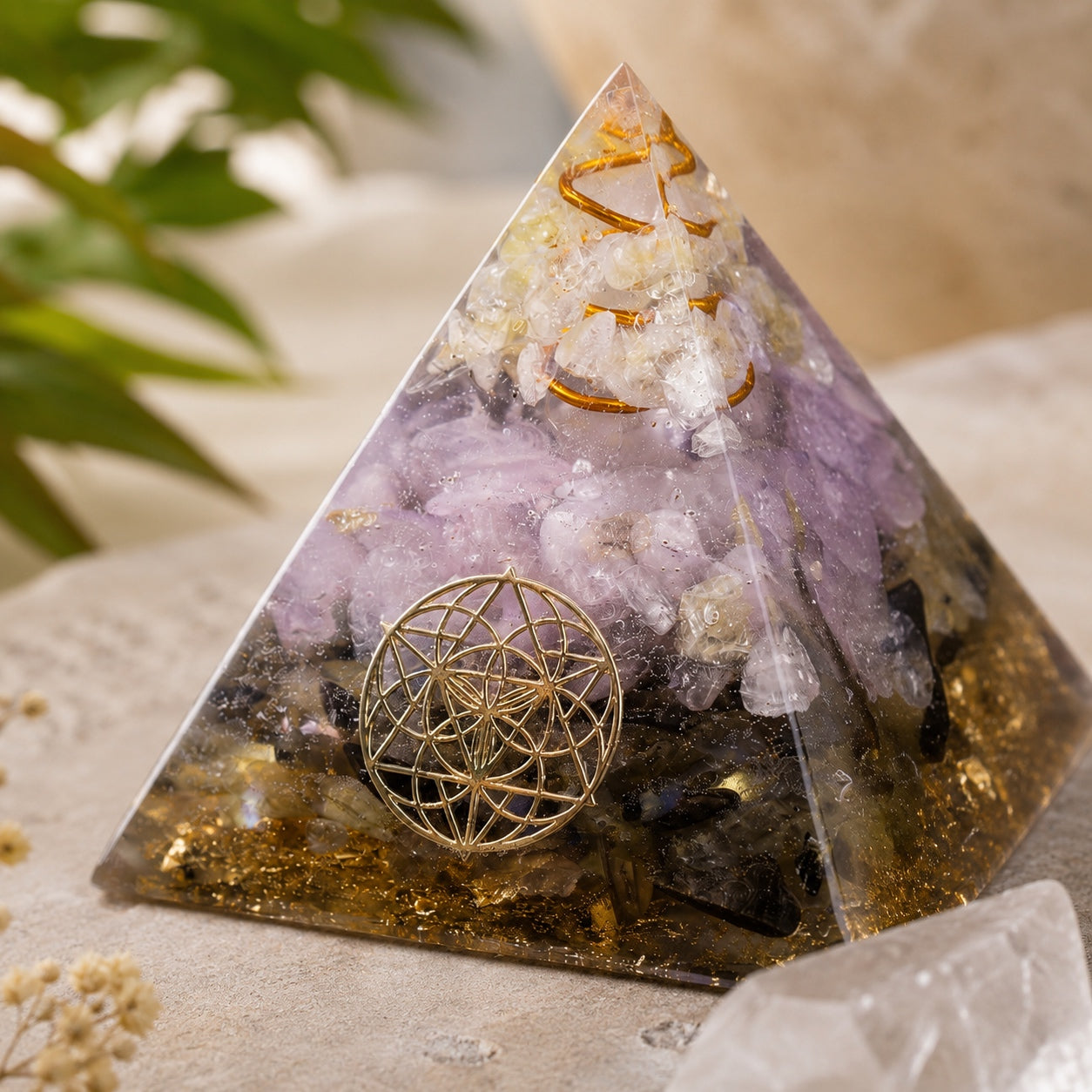 Angled view of Rose Quartz & Labradorite Crystal Pyramid showcasing natural crystals, copper coil, and sacred geometry.