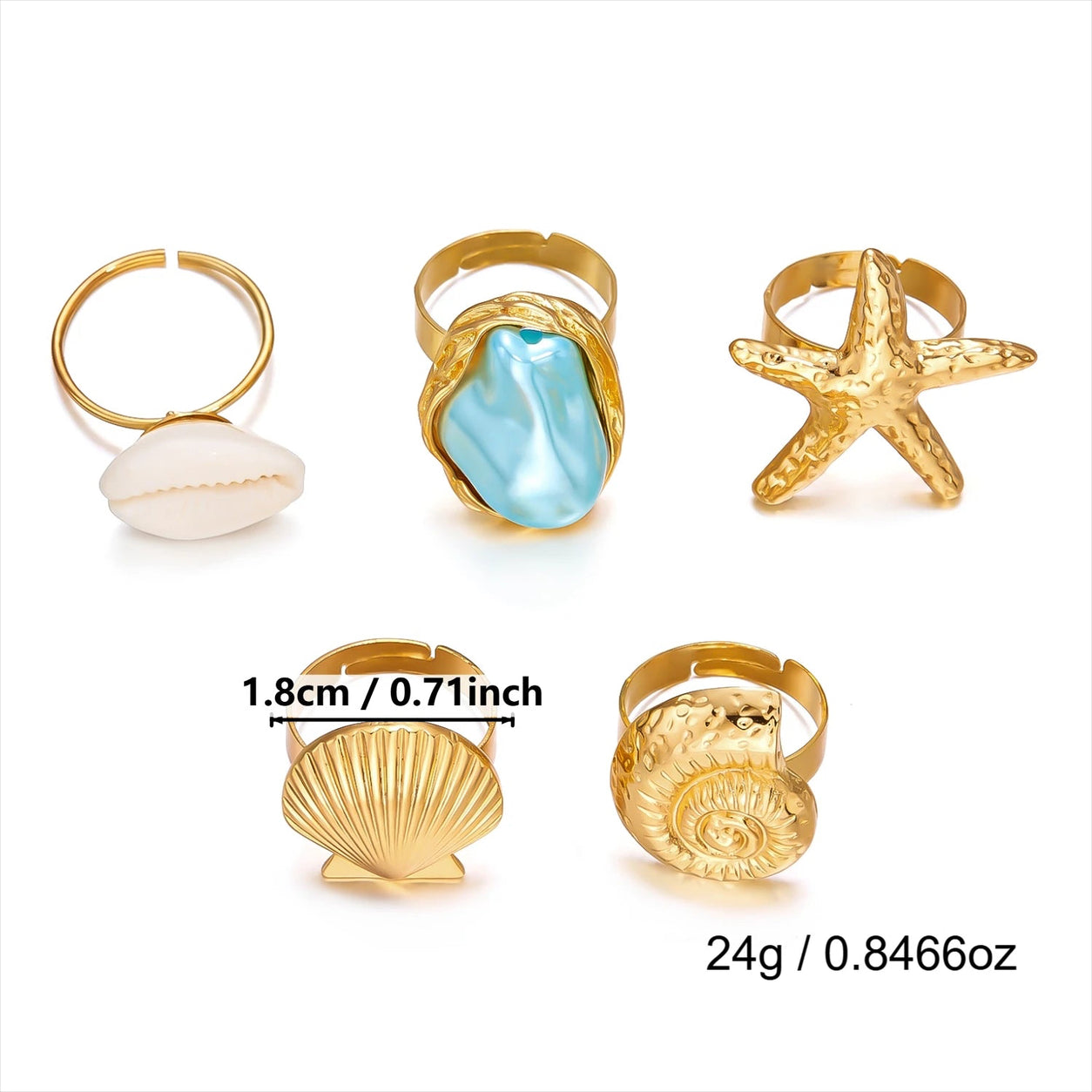 Seaside Treasures Ring Set size guide with measurements for gold-tone starfish, seashell, shell, and aqua statement rings.