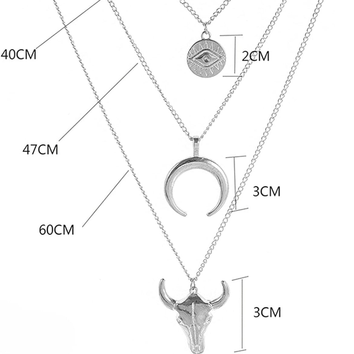 Silver Layered Boho Necklace size guide showing three layered chains with evil eye, crescent horn, and bull skull pendants.