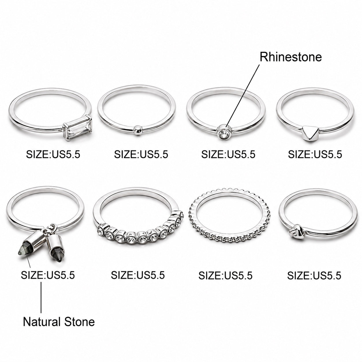 Silver Stacking Ring Set with eight minimalist rings featuring rhinestones, crystal accents and natural stone bullet charms.