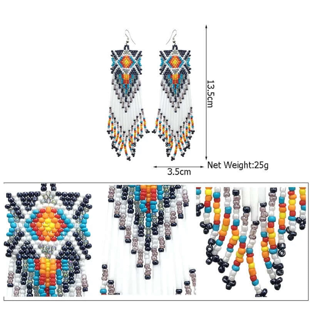 Southwest beaded earrings dimensions and close-up detail showing colorful geometric beadwork, white fringe, and 13.5 cm length.