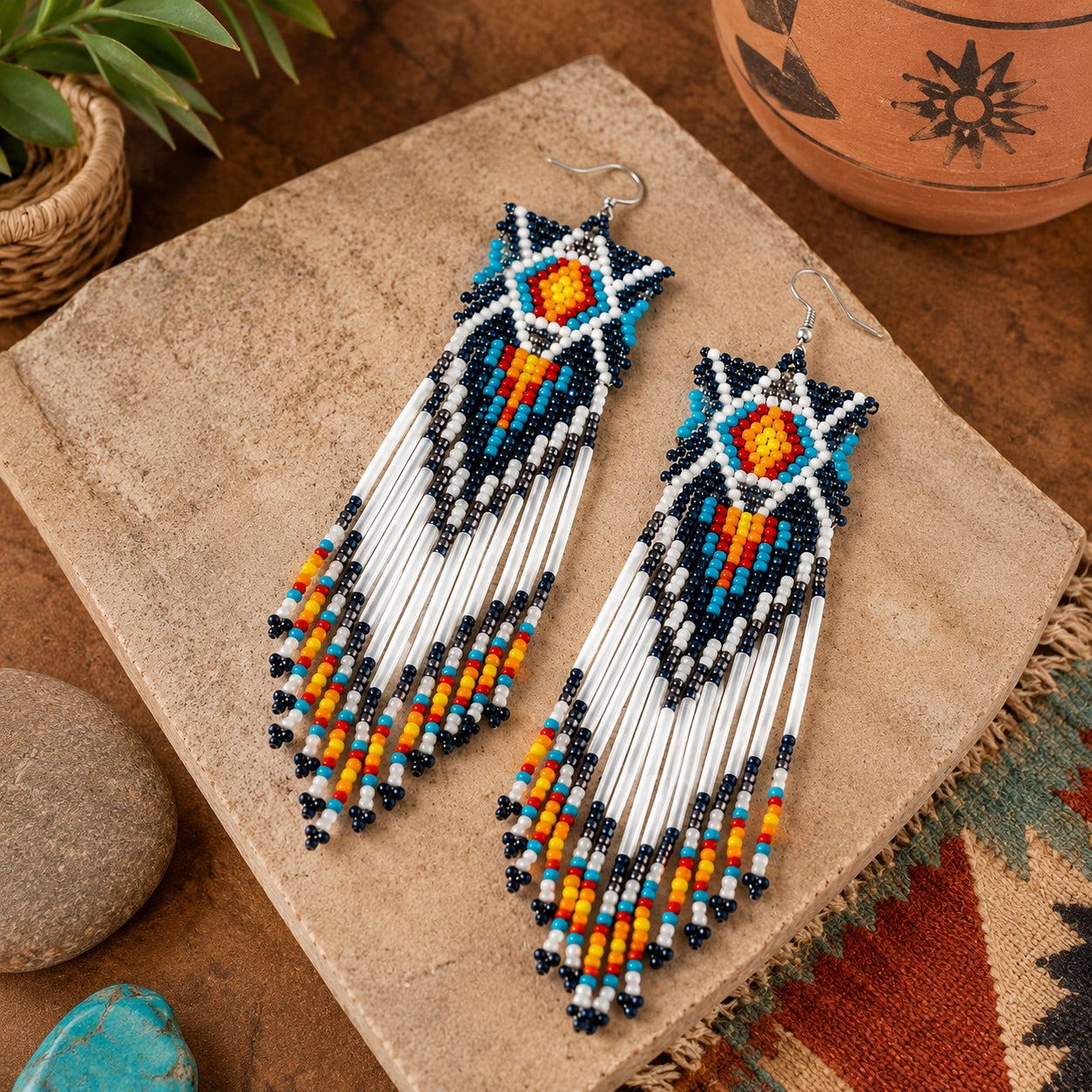 Southwest beaded fringe earrings with colorful geometric beadwork displayed on a stone tile with Southwestern décor.
