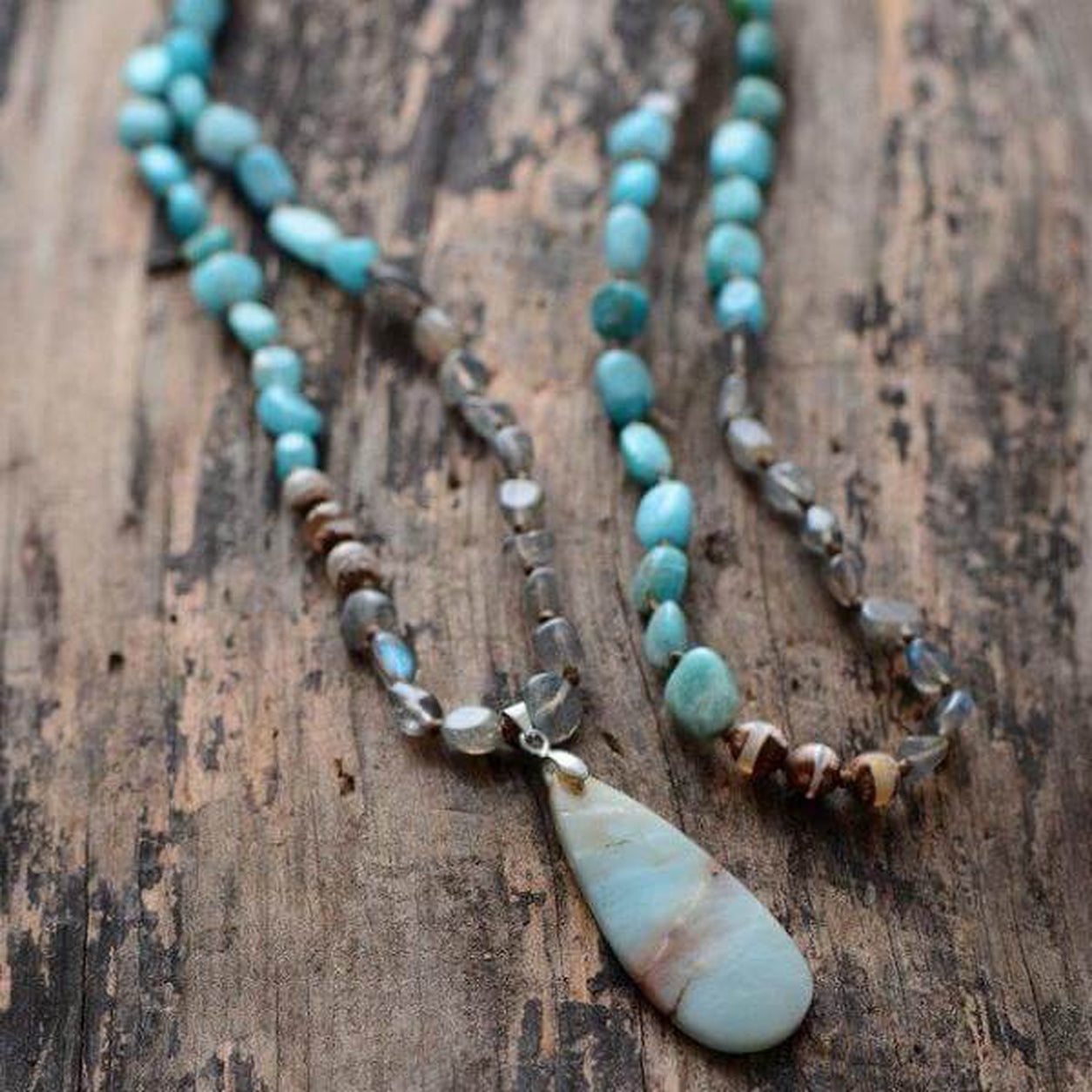 Boho Spirit Stone Beaded Necklace with turquoise and labradorite gemstone beads and a polished natural stone pendant.