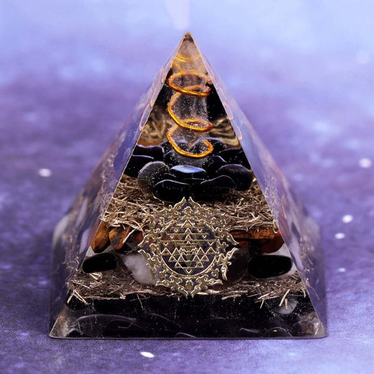 Sri Yantra Tiger’s Eye Crystal Pyramid featuring Tiger’s Eye, Black Obsidian, Clear Quartz, copper coil and sacred Sri Yantra symbol.