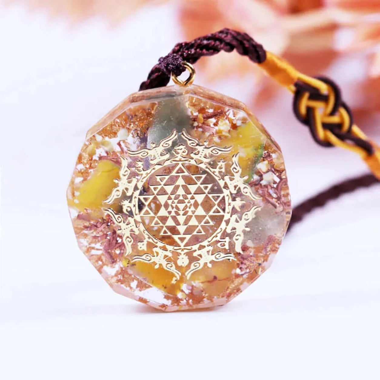 Sri Yantra Topaz Pendant Necklace with natural topaz, green aventurine and sacred geometry symbol on an adjustable cord.