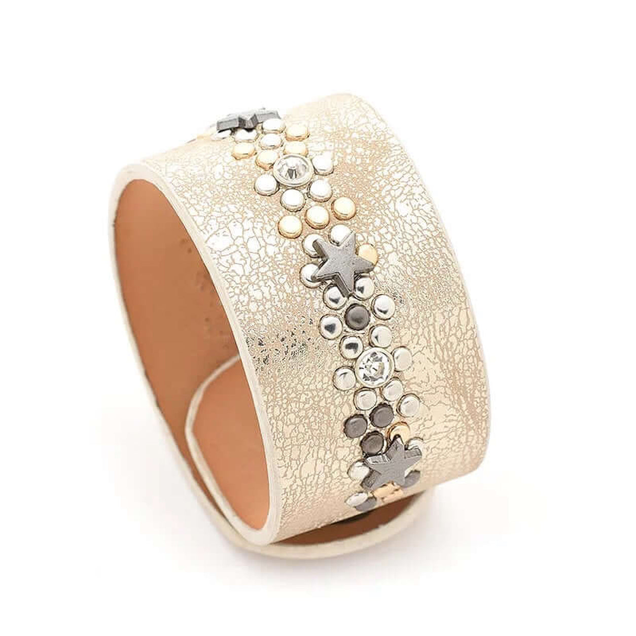 Gold Star Charm Cuff Bracelet with silver star charms, crystal details and wide faux leather cuff.