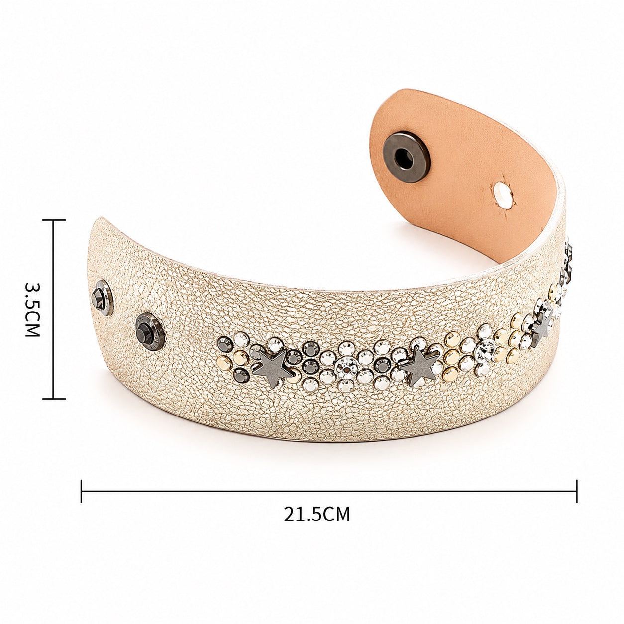 Star Charm Cuff Bracelet Set showing adjustable cuff design with dimensions and magnetic snap closure.
