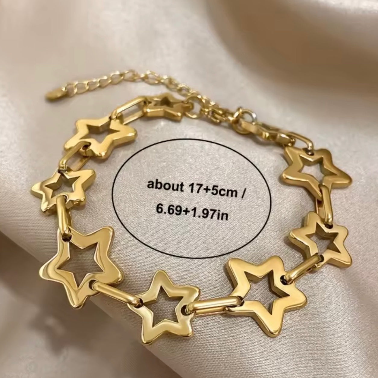 Gold Star Link Chain Bracelet showing the adjustable 17 cm plus 5 cm extension chain length.