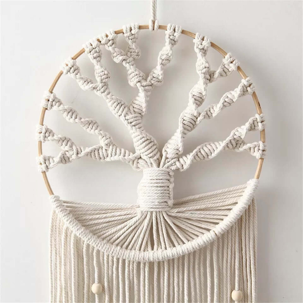 Close-up of the handcrafted Tree Of Life Macrame Wall Hanging showing detailed knotwork and natural cotton rope.