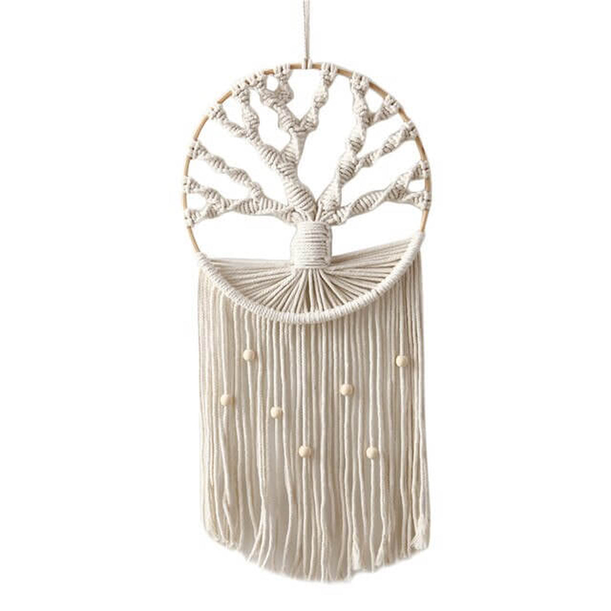 Tree Of Life Macrame Wall Hanging handcrafted from natural cotton cord with decorative wooden beads.