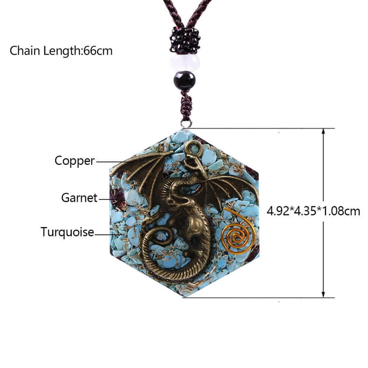 Size guide for the Turquoise Dragon Pendant Necklace showing pendant dimensions, chain length, and turquoise, garnet, and copper details.