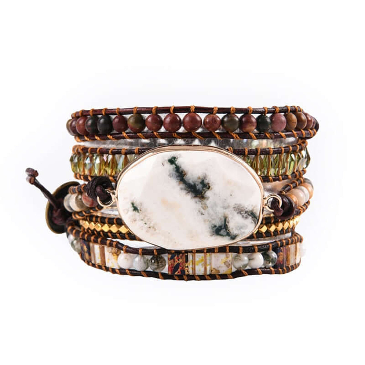 Front view of the White Marble Stone Wrap Bracelet featuring natural white marble stone, handcrafted leather wrap, and multicolor gemstone beads.