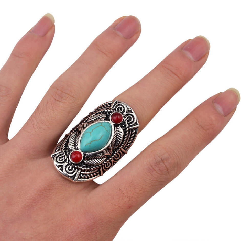 Red Turquoise Tribal Ring - Mandala Jane