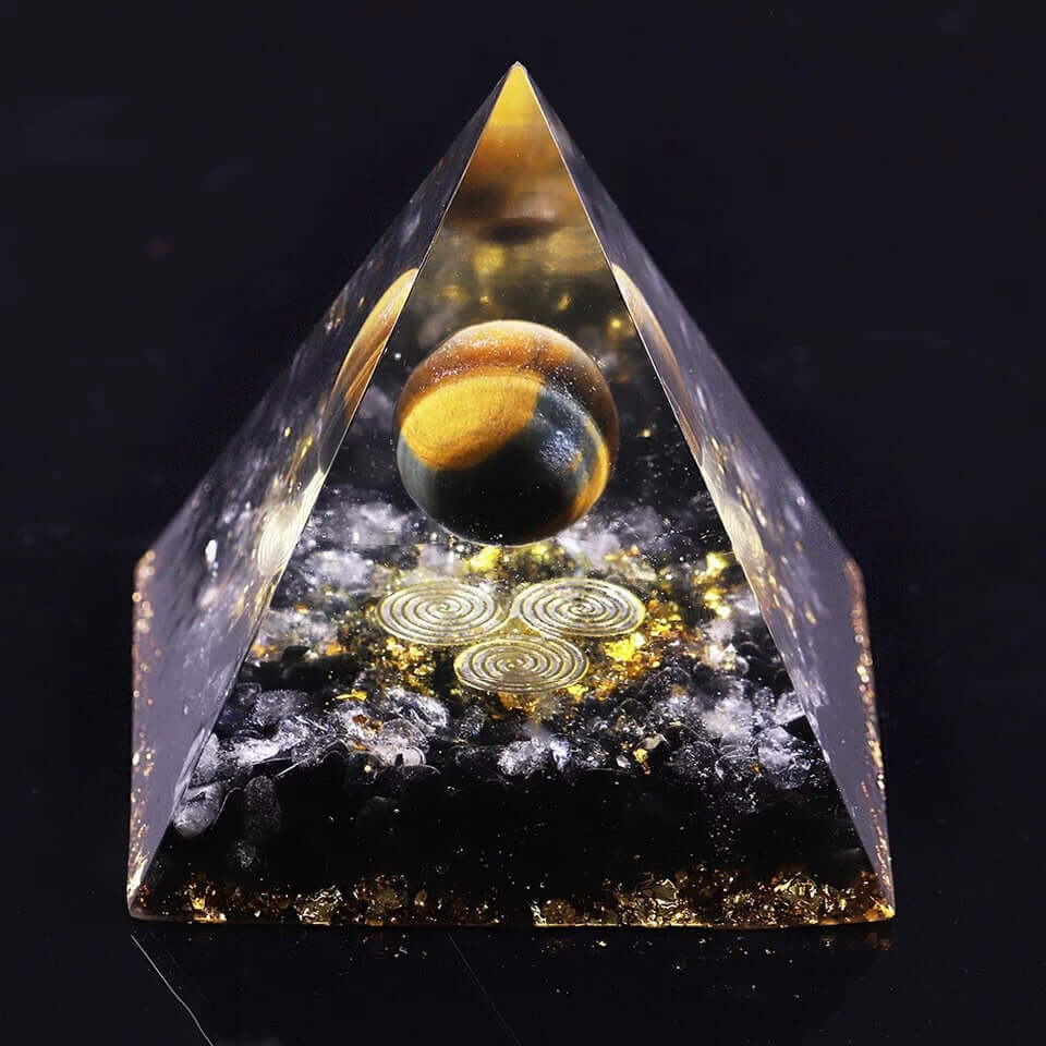 Obsidian & Tiger's Eye Crystal Pyramid, an orgonite crystal pyramid from Mandala Jane.