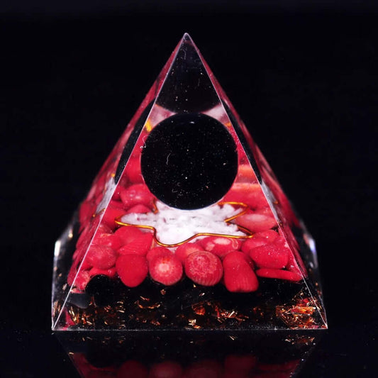 Red Coral Crystal Pyramid, an orgonite crystal pyramid from Mandala Jane.