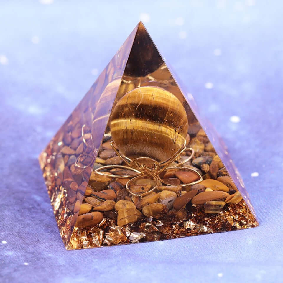 Tiger's Eye Lotus Crystal Pyramid, an orgonite crystal pyramid from Mandala Jane.