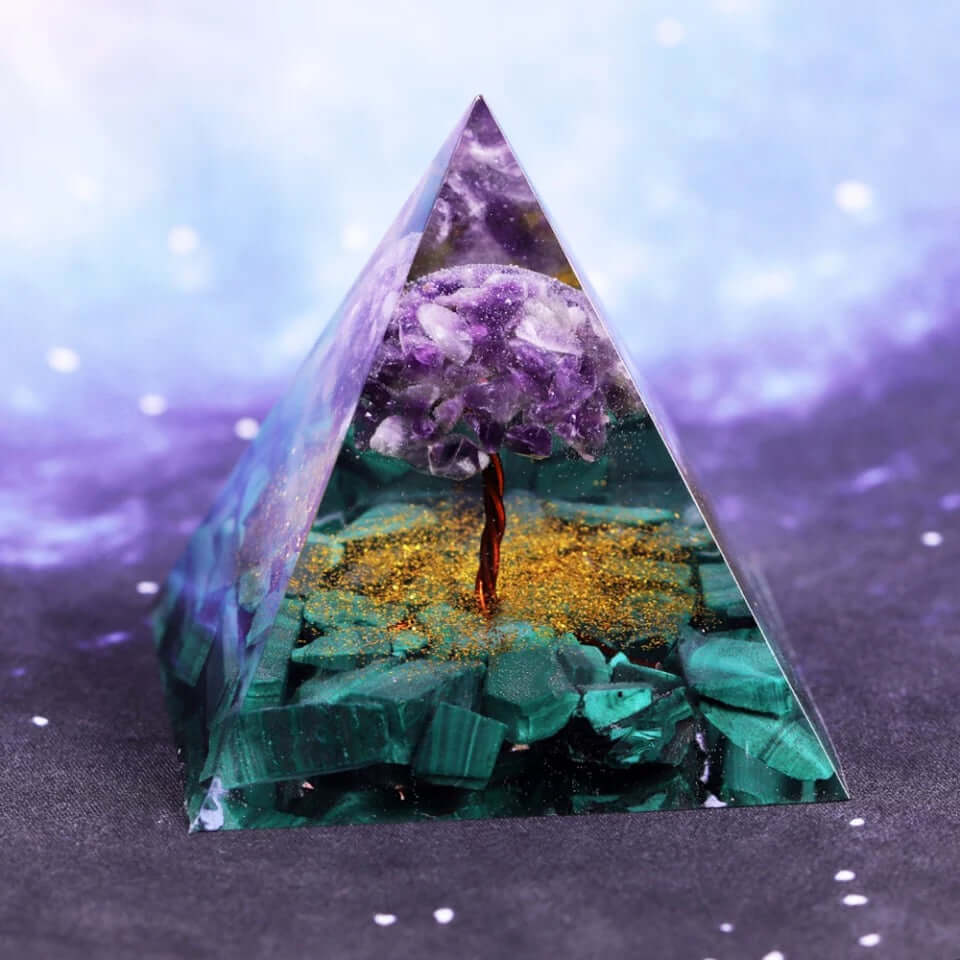 Tree Of Life Malachite Crystal Pyramid, an orgonite crystal pyramid from Mandala Jane.