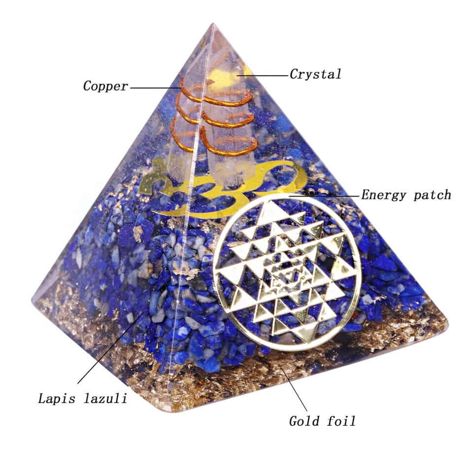Sri Yantra Lapis Crystal Pyramid, an orgonite crystal pyramid from Mandala Jane.