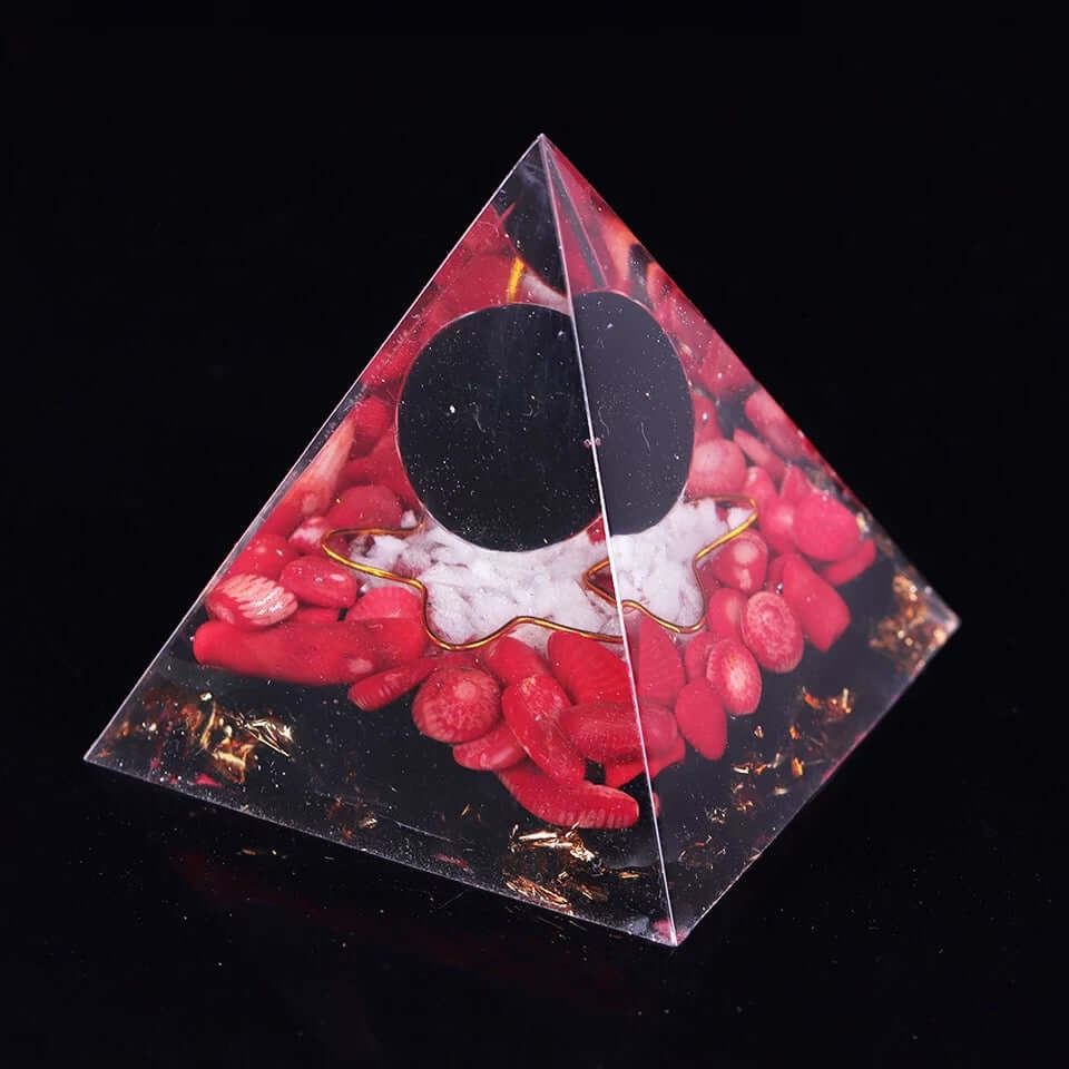 Red Coral Crystal Pyramid, an orgonite crystal pyramid from Mandala Jane.