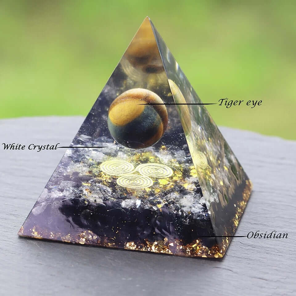 Obsidian & Tiger's Eye Crystal Pyramid, an orgonite crystal pyramid from Mandala Jane.