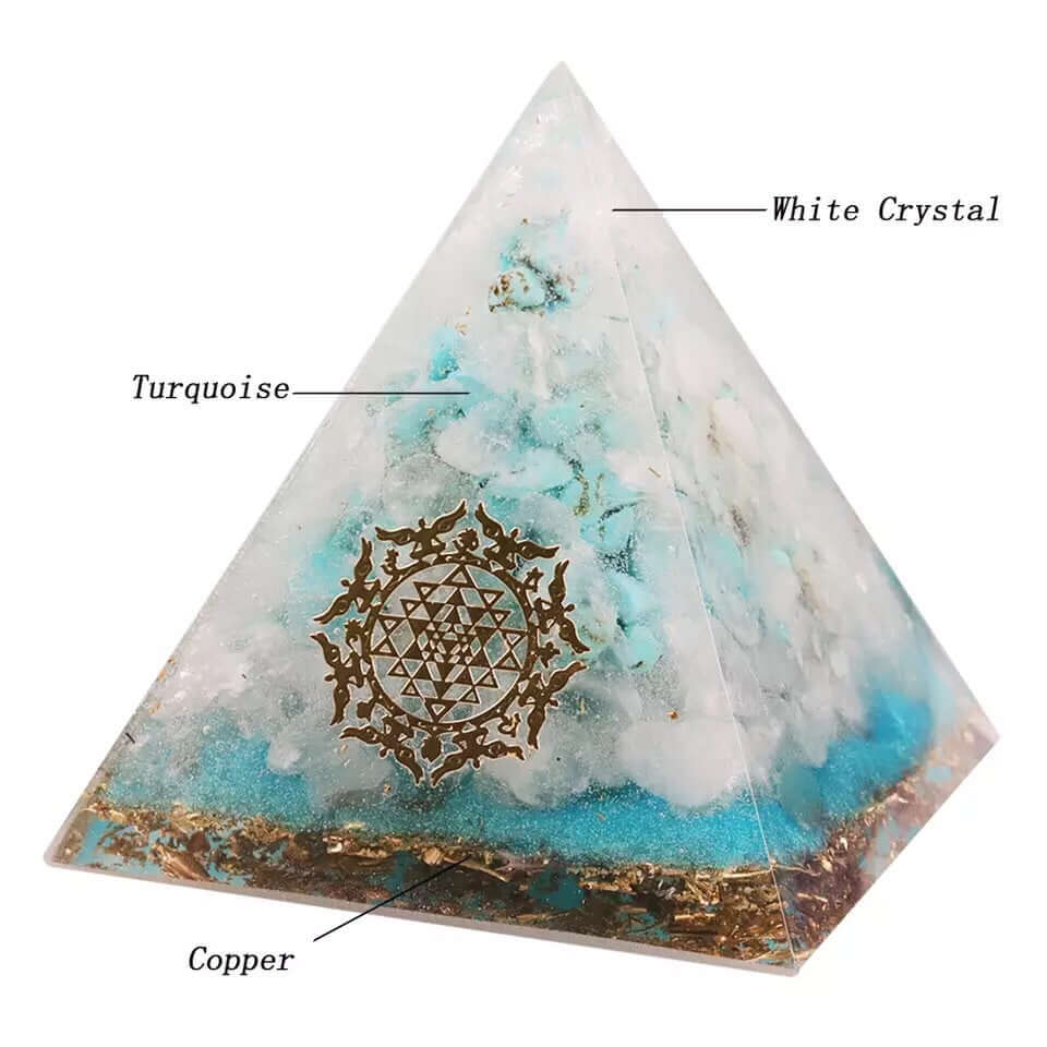 Turquoise White Crystal Pyramid, an orgonite crystal pyramid from Mandala Jane.