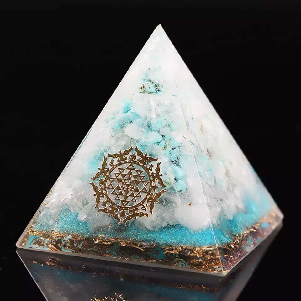 Turquoise White Crystal Pyramid, an orgonite crystal pyramid from Mandala Jane.