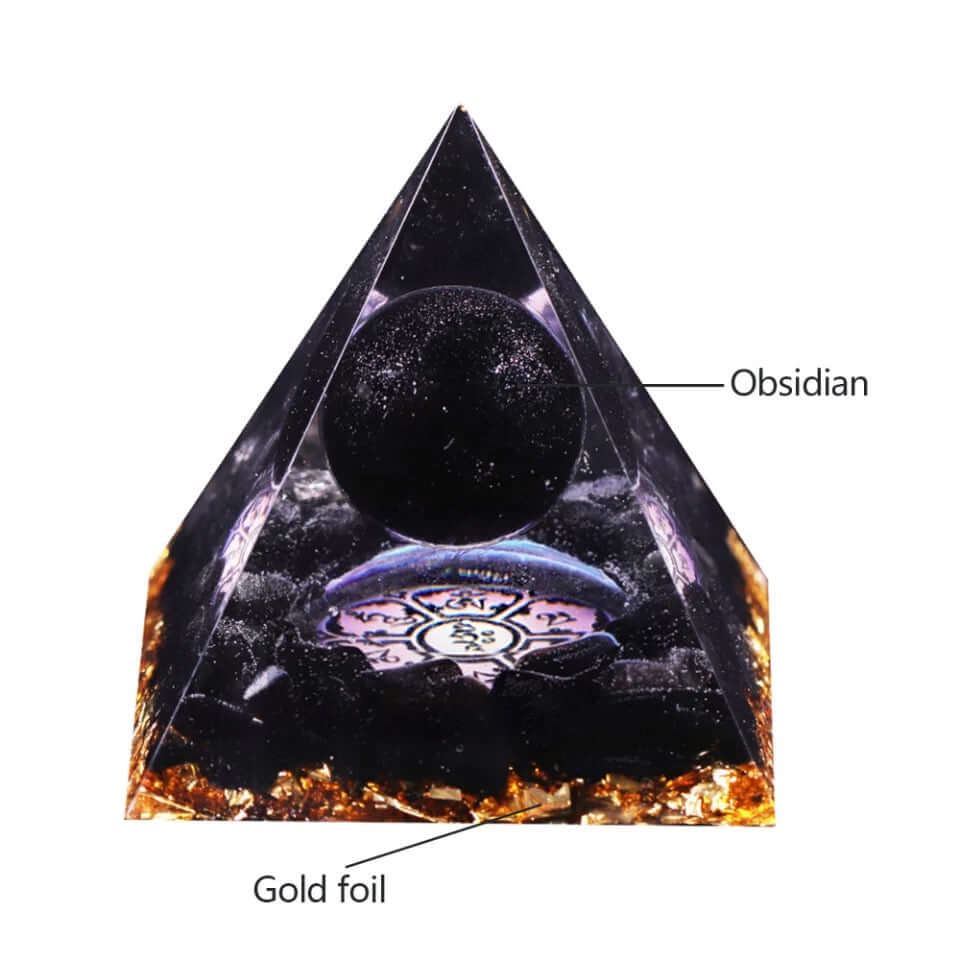 Obsidian & Gold Sacred Crystal Pyramid, an orgonite crystal pyramid from Mandala Jane.