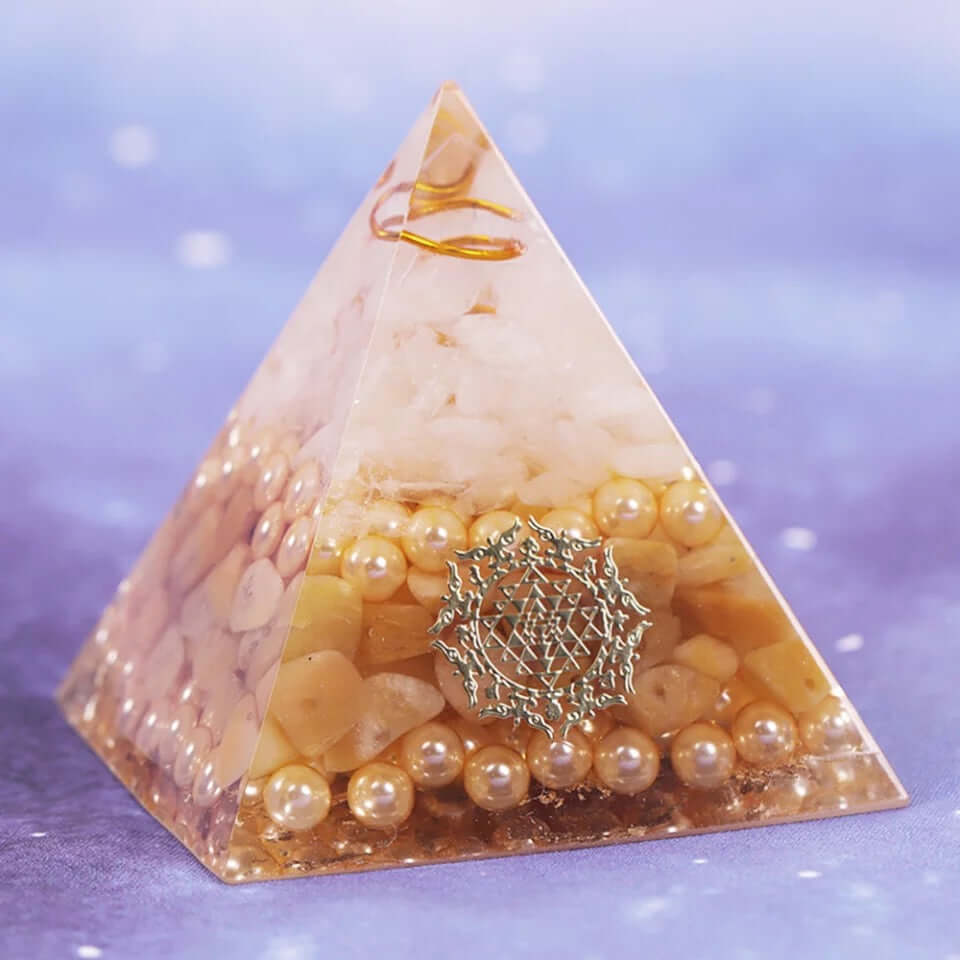 Topaz & Pearl Crystal Pyramid, an orgonite crystal pyramid from Mandala Jane.