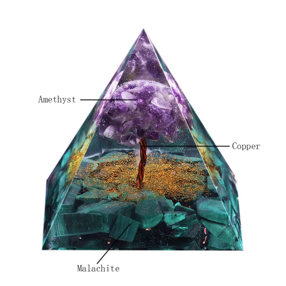 Tree Of Life Malachite Crystal Pyramid, an orgonite crystal pyramid from Mandala Jane.