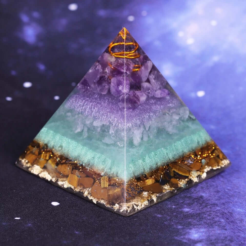 Flower Of Life Crystal Pyramid, an orgonite crystal pyramid from Mandala Jane.