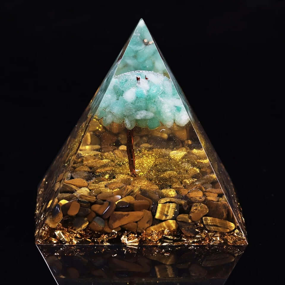 Tree Of Life Tiger's Eye Crystal Pyramid, an orgonite crystal pyramid from Mandala Jane.