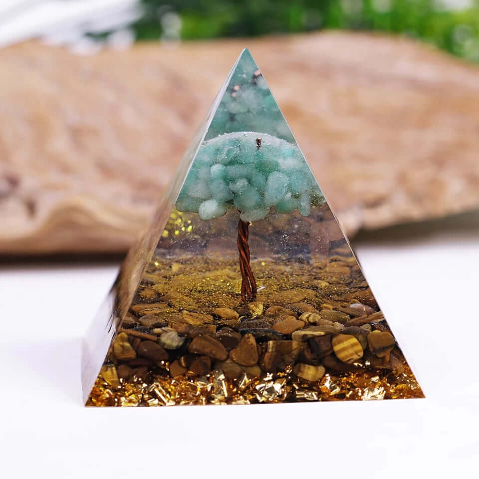 Tree Of Life Tiger's Eye Crystal Pyramid, an orgonite crystal pyramid from Mandala Jane.