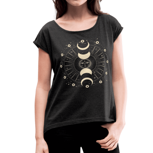 Moon Goddess Roll Cuff Tee, black - Mandala Jane Apparel, womens t-shirt
