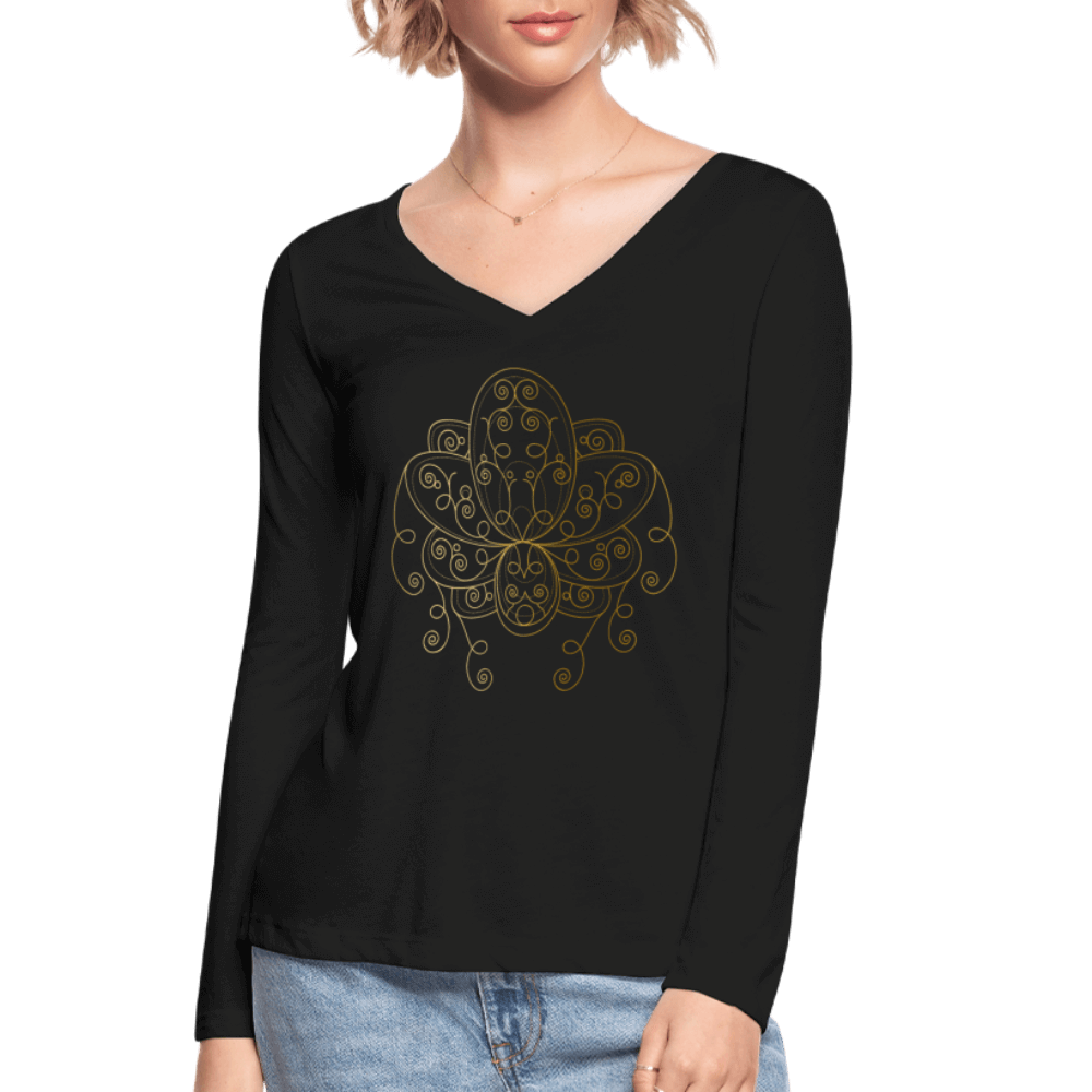 Ornate Lotus V-Neck Shirt - black